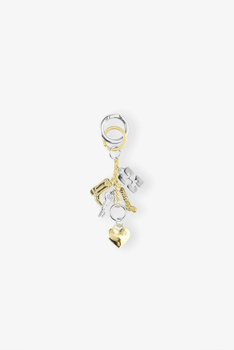 Brelok 6616 GANNI Silver and gold z zawieszkami z logo marki, kłódką w kształcie serca z kluczykiem oraz butem.
