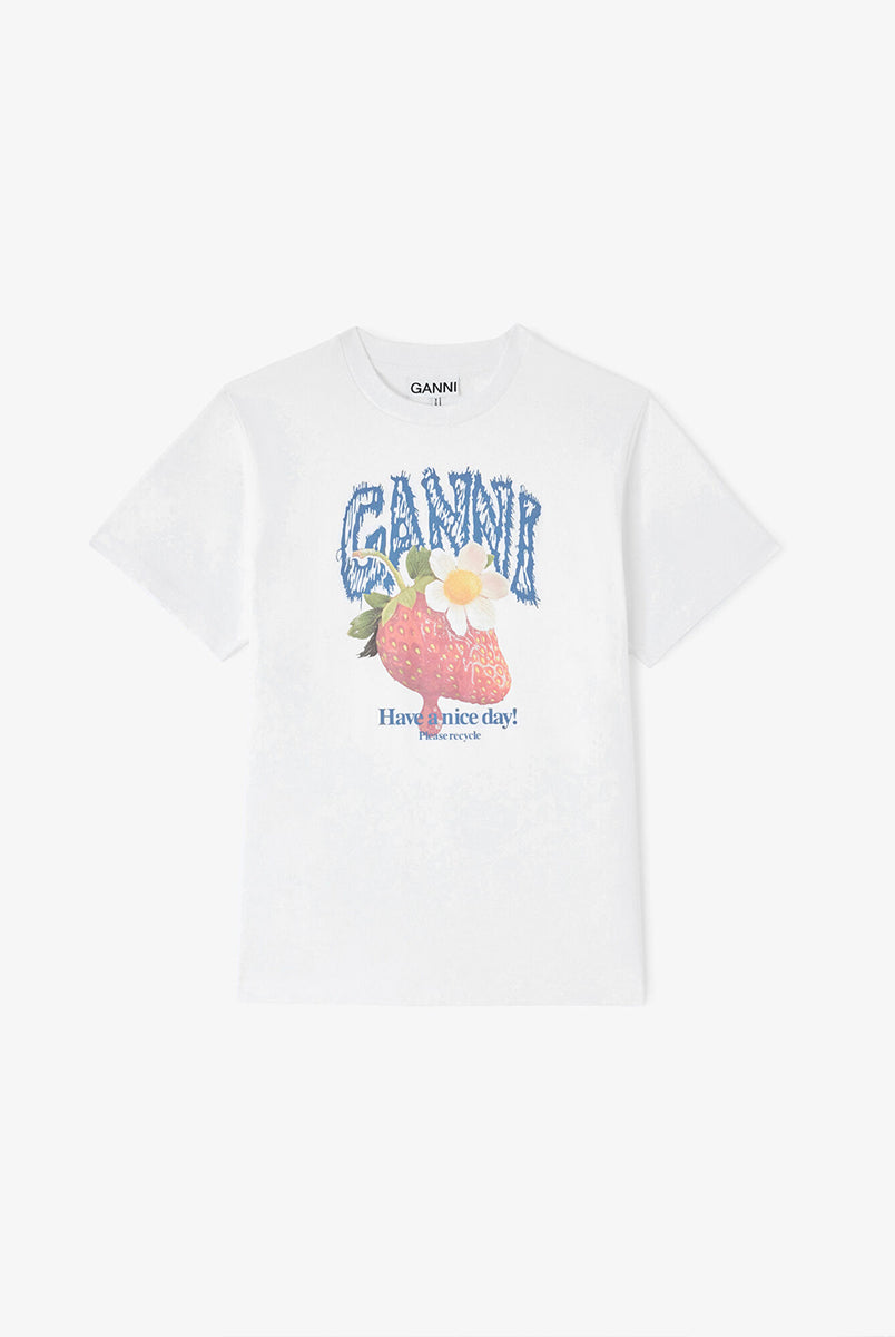 Luźny, bawełniany, biały t-shirt BASIC COTTON JERSEY Strawberry GANNI z okrągłym dekoltem i krótkim, szerokim rękawem. Z przodu posiada grafikę z truskawkami oraz logo GANNI. Wykonany z miękkiej bawełny organicznej. Idealny z jeansami lub spódnicą.
-Luźny fason
-Miękka bawełna organiczna
-Zamów t-shirt w swoim standardowym rozmiarze. Jeśli chcesz, żeby był bardziej oversizowy - zamów go w większym rozmiarze.