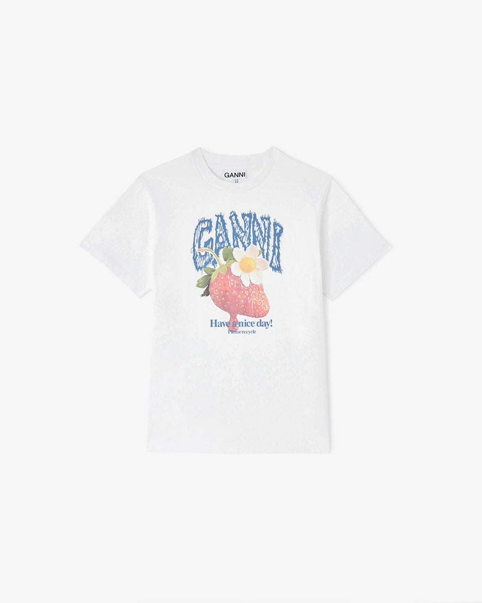 Luźny, bawełniany, biały t-shirt BASIC COTTON JERSEY Strawberry GANNI z okrągłym dekoltem i krótkim, szerokim rękawem. Z przodu posiada grafikę z truskawkami oraz logo GANNI. Wykonany z miękkiej bawełny organicznej. Idealny z jeansami lub spódnicą.
-Luźny fason
-Miękka bawełna organiczna
-Zamów t-shirt w swoim standardowym rozmiarze. Jeśli chcesz, żeby był bardziej oversizowy - zamów go w większym rozmiarze.