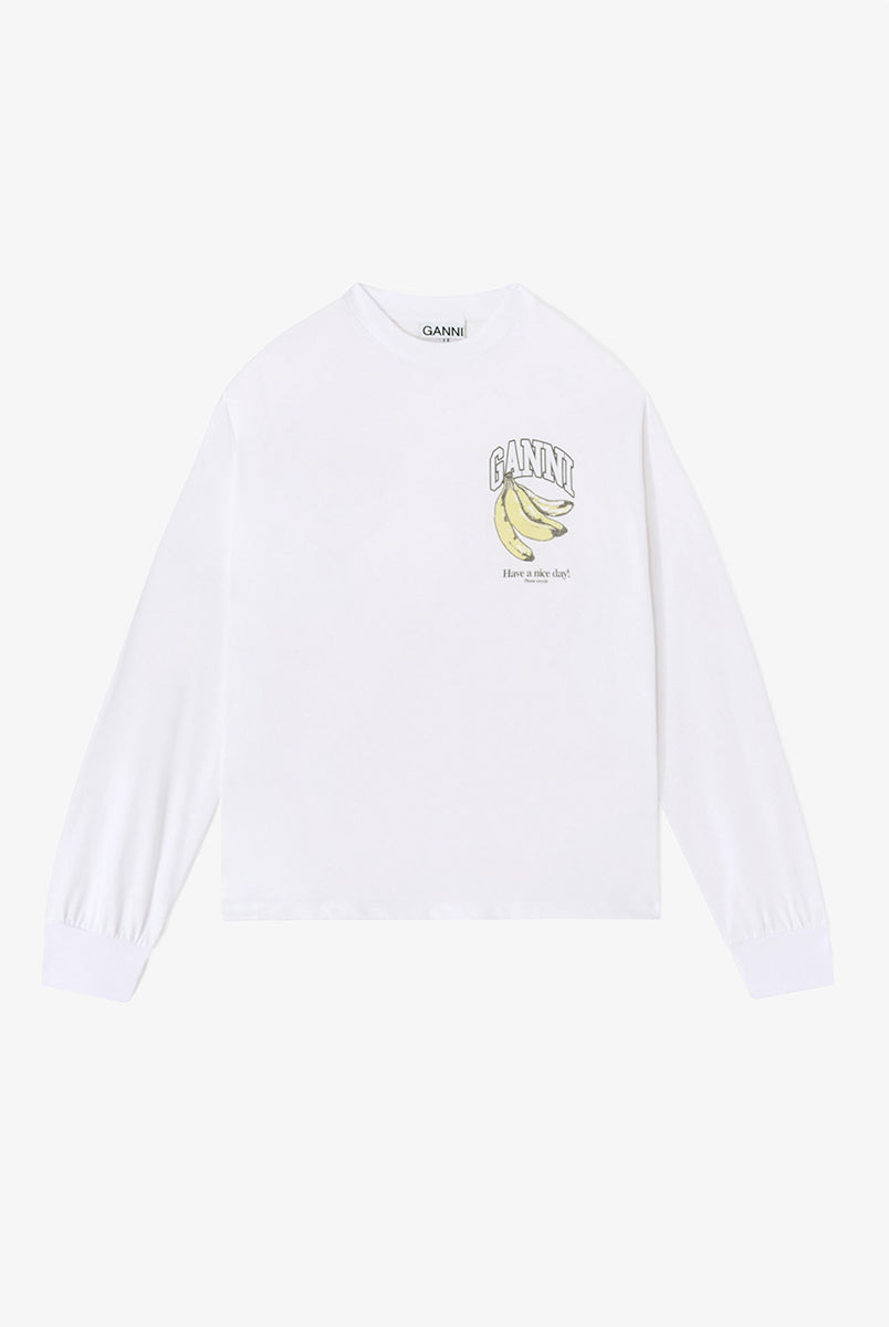 Oversizowy, biały Longsleeve Banana Print GANNI Bright White z nadrukiem banana i logo marki na lewej piersi. Koszulka ma okrągły dekolt i długie rękawy zakończone ściągaczami. Wykonana z bawełny organicznej.
-Luźny krój
-100% bawełna organiczna
-Zamów w swoim standardowym rozmiarze