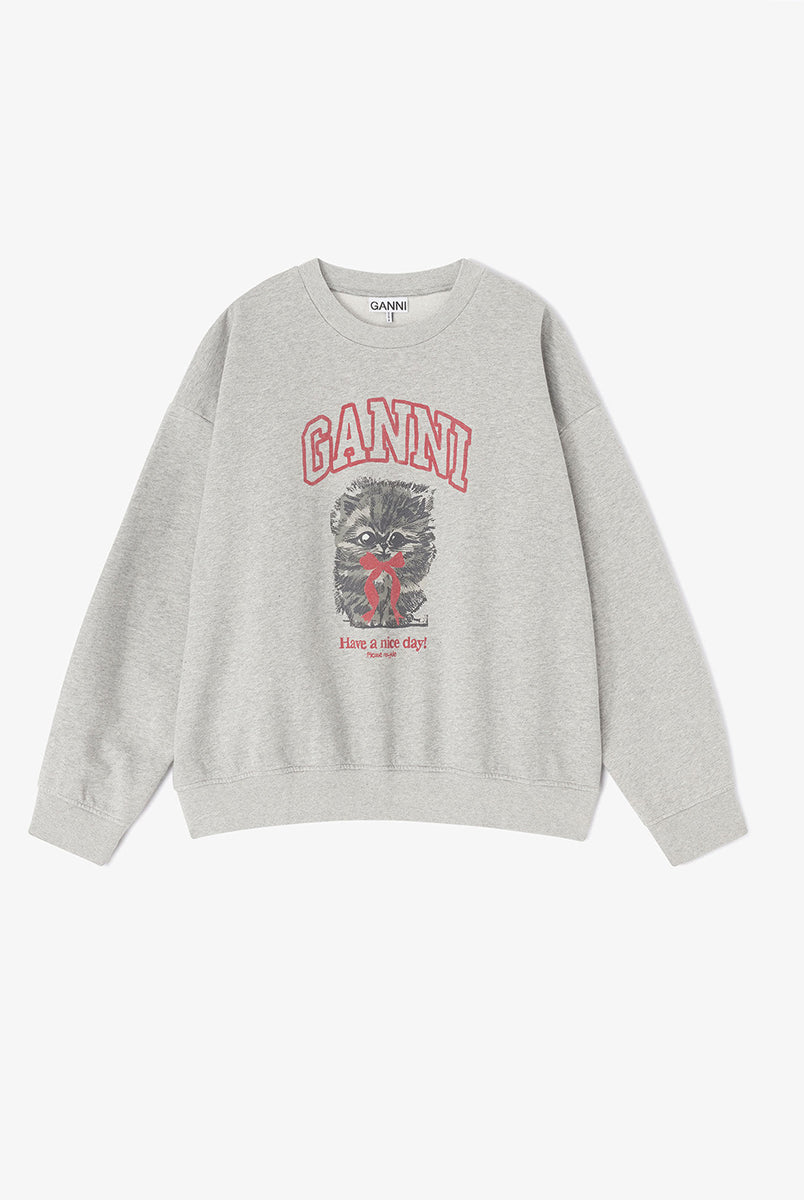 Luźna, szara bluza Isoli Kitty Print GANNI Paloma z okrągłym dekoltem i długimi rękawami. Zakończona ściągaczami. Z przodu posiada uroczą grafikę z kotem oraz logo marki. Wykonana z bawełny organicznej.
-Luźny fason
-Uroczy nadruk z kotkiem
-Zamów bluzę w swoim standardowym rozmiarze 