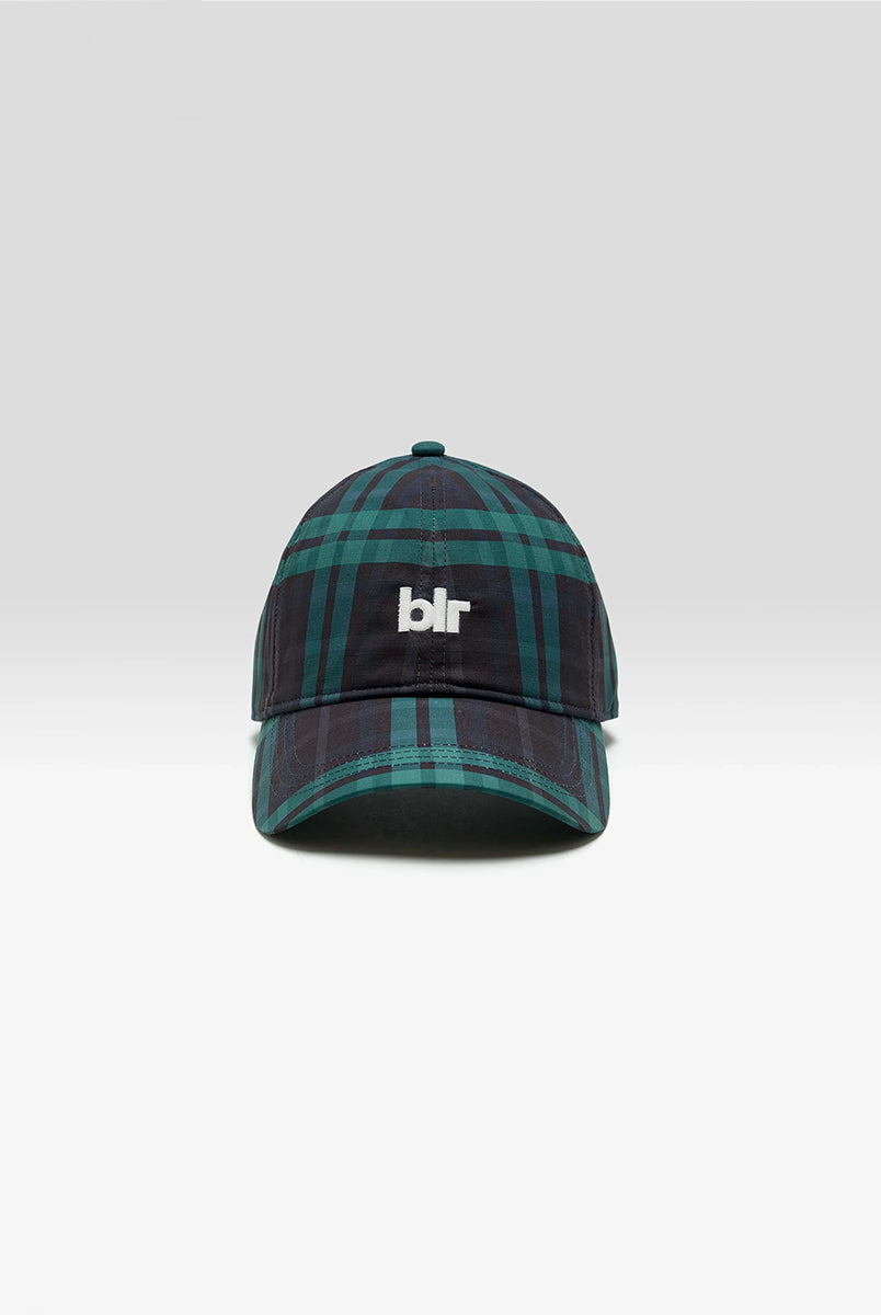 Klasyczna czapka bejsbolówka Delcro Plaid marki BELLEROSE w czarno-granatowo-zieloną kratę, z haftowanym logo marki i regulowanym paskiem na rzep. 