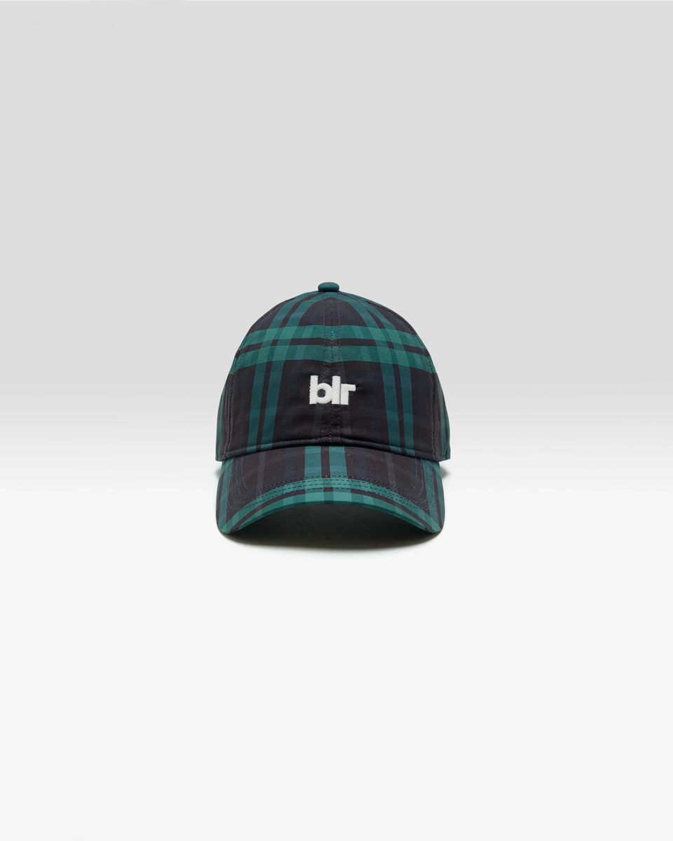 Klasyczna czapka bejsbolówka Delcro Plaid marki BELLEROSE w czarno-granatowo-zieloną kratę, z haftowanym logo marki i regulowanym paskiem na rzep. 