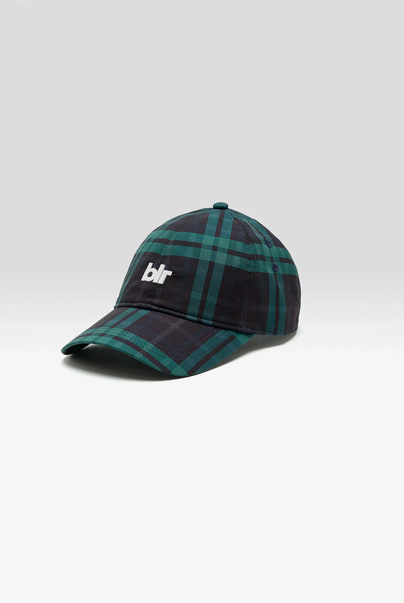 Klasyczna czapka bejsbolówka Delcro Plaid marki BELLEROSE w czarno-granatowo-zieloną kratę, z haftowanym logo marki i regulowanym paskiem na rzep. 