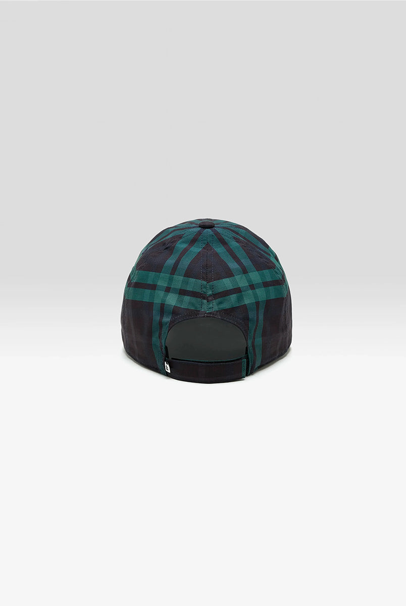 Klasyczna czapka bejsbolówka Delcro Plaid marki BELLEROSE w czarno-granatowo-zieloną kratę, z haftowanym logo marki i regulowanym paskiem na rzep. 