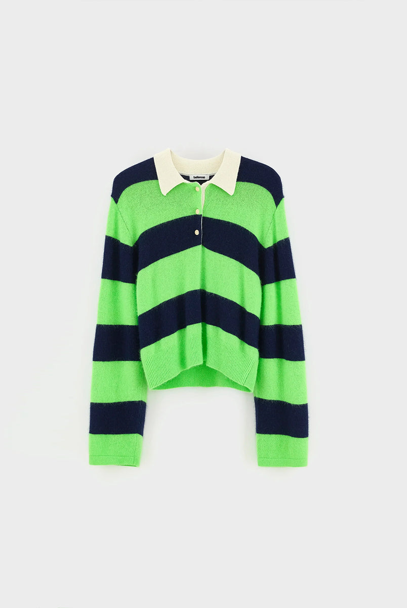 Sweter polo w paski Dusto Polo Stripe marki Bellerose w neonowo-zielonym i granatowym kolorze. Wykonany z niezwykle miękkiej przędzy z domieszką szopa pracza, o lekko mechatym wykończeniu. Ma długie rękawy i kołnierzyk typu polo z listwą guzikową w kontrastowym, kremowym odcieniu. Krój regularny.
-Lekko puszysta faktura
-Kołnierzyk polo
-Zamów sweter w swoim normalnym rozmiarze