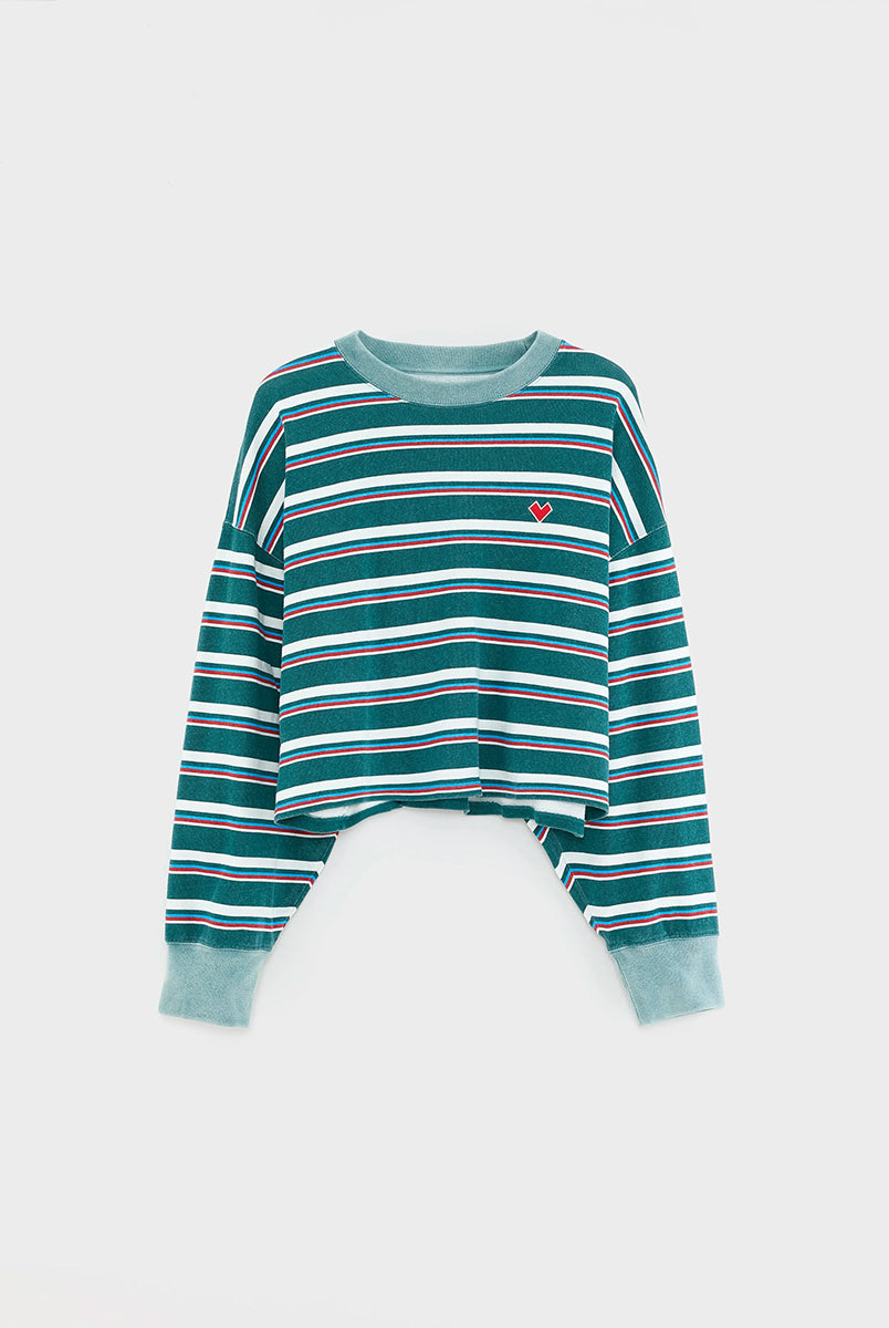 Luźny, skrócony T-shirt Franto Stripe-B marki BELLEROSE z okrągłym dekoltem i długimi rękawami w ciemnozielonym kolorze z kolorowymi paskami. Wykończony kontrastowym, spranym, zielonym ściagaczem przy kołnierzyku i mankietach. Wykonany z bawełny.
-Luźny, skrócony krój
-Wybierz swój zwykły rozmiar lub mniejszy, aby uzyskać bardziej dopasowany look