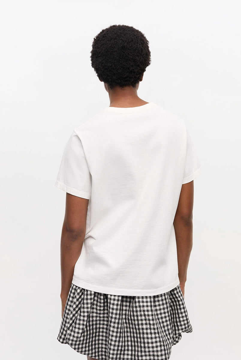 Luźny, bawełniany, biały t-shirt 4238 BASIC COTTON JERSEY ANIMAL GANNI z okrągłym dekoltem i krótkim, szerokim rękawem. Z przodu posiada grafikę uroczych zwierzątek, napis 'Have a nice day' oraz logo GANNI.