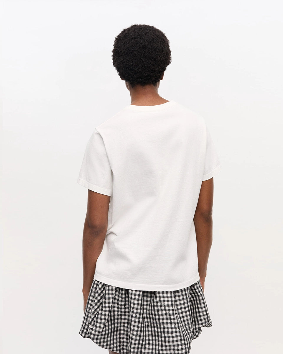 Luźny, bawełniany, biały t-shirt 4238 BASIC COTTON JERSEY ANIMAL GANNI z okrągłym dekoltem i krótkim, szerokim rękawem. Z przodu posiada grafikę uroczych zwierzątek, napis 'Have a nice day' oraz logo GANNI.