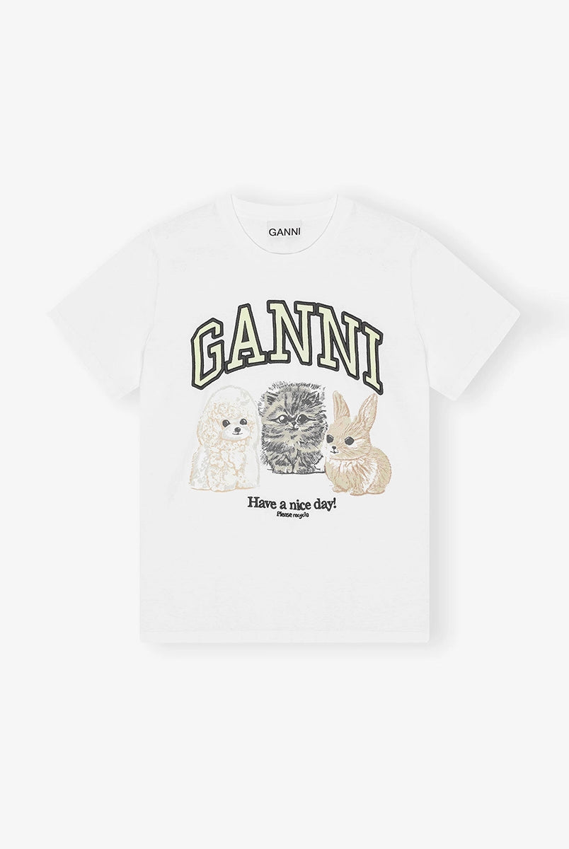 Luźny, bawełniany, biały t-shirt 4238 BASIC COTTON JERSEY ANIMAL GANNI z okrągłym dekoltem i krótkim, szerokim rękawem. Z przodu posiada grafikę uroczych zwierzątek, napis 'Have a nice day' oraz logo GANNI.