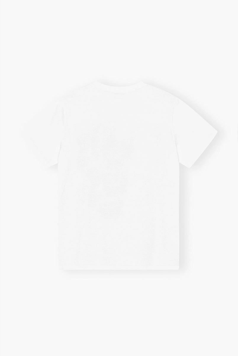 Luźny, bawełniany, biały t-shirt 4238 BASIC COTTON JERSEY ANIMAL GANNI z okrągłym dekoltem i krótkim, szerokim rękawem. Z przodu posiada grafikę uroczych zwierzątek, napis 'Have a nice day' oraz logo GANNI.