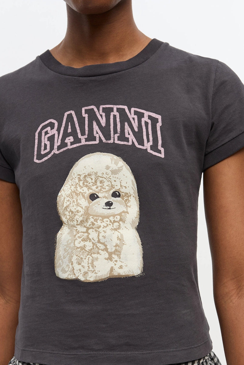 Ciemnoszary, bawełniany t-shirt 4239 Jersey Poodle Baby GANNI z uroczym printem z psem i logo marki.