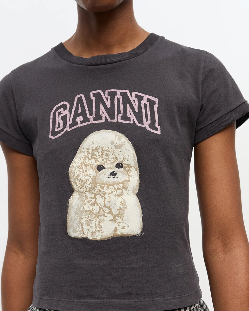 Ciemnoszary, bawełniany t-shirt 4239 Jersey Poodle Baby GANNI z uroczym printem z psem i logo marki.