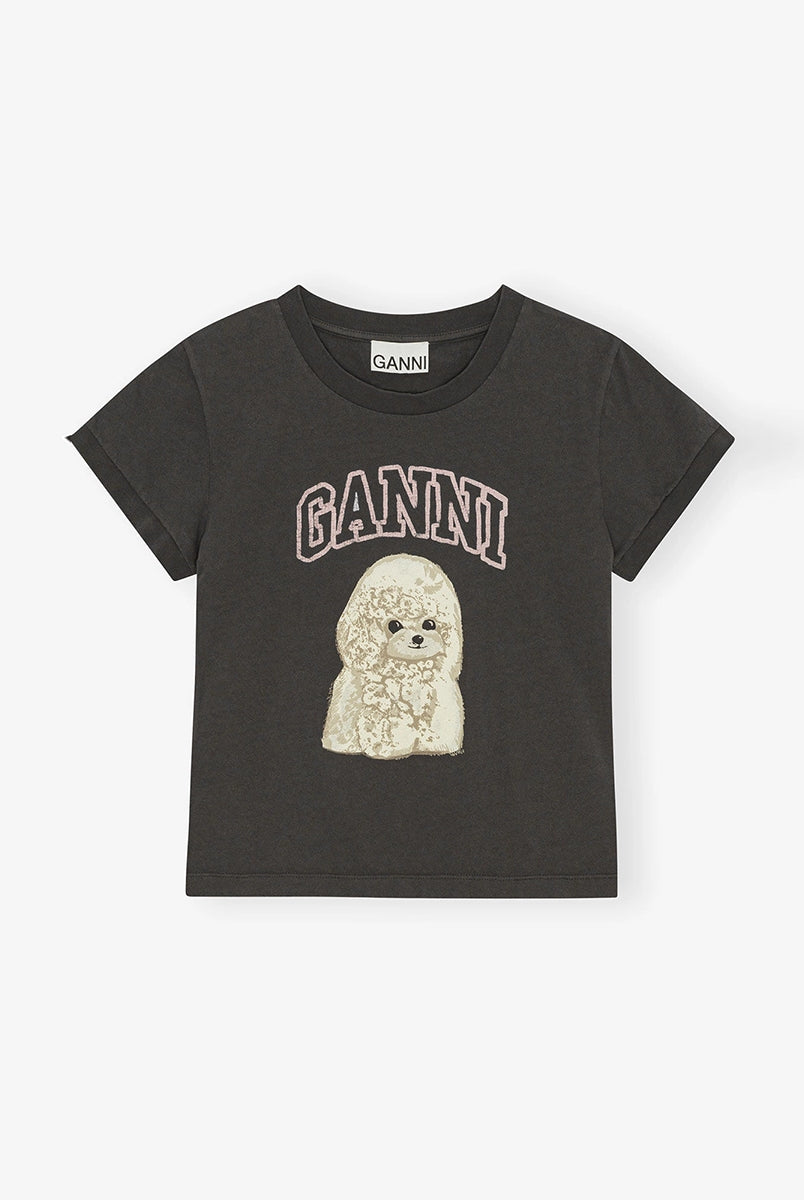 Ciemnoszary, bawełniany t-shirt 4239 Jersey Poodle Baby GANNI z uroczym printem z psem i logo marki.