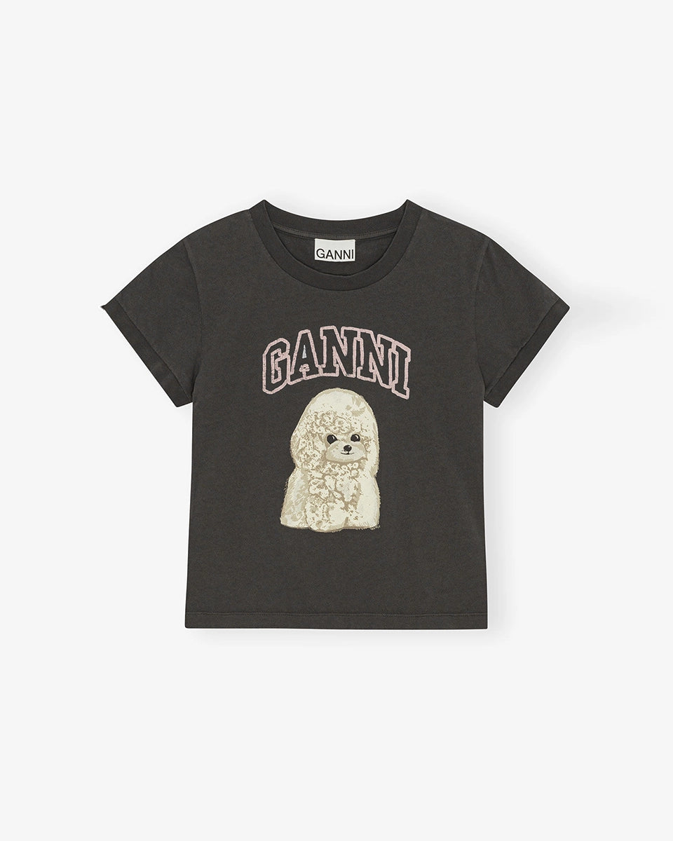 Ciemnoszary, bawełniany t-shirt 4239 Jersey Poodle Baby GANNI z uroczym printem z psem i logo marki.