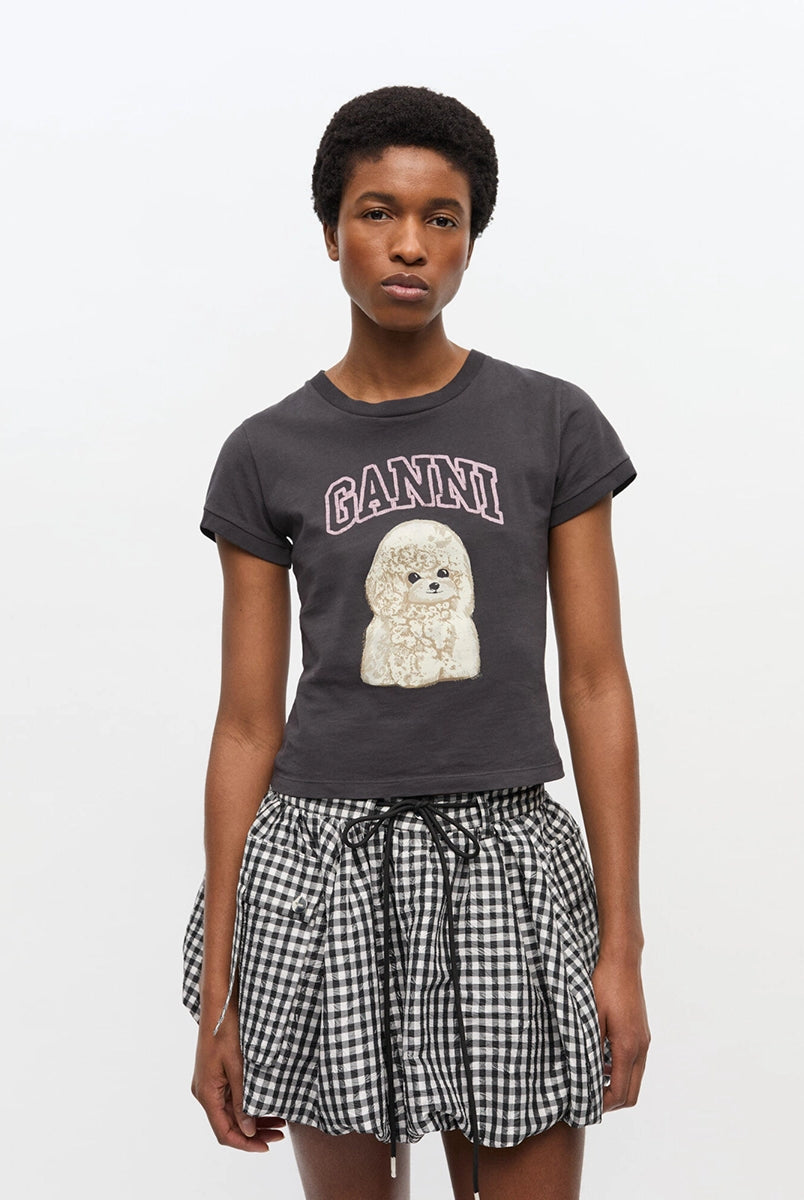 Ciemnoszary, bawełniany t-shirt 4239 Jersey Poodle Baby GANNI z uroczym printem z psem i logo marki.