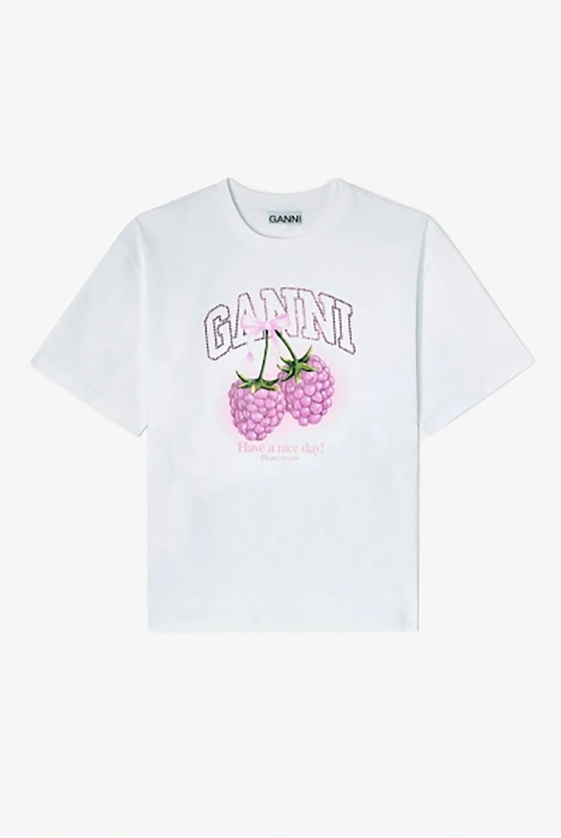 Luźny, biały, bawełniany T-shirt Raspberry Print GANNI Bright White z okrągłym dekoltem i krótkim, szerokim rękawem. Z przodu posiada grafikę z malinami oraz logo GANNI. Wykonany z grubej bawełny organicznej. Idealny z jeansami lub spódnicą.
-Luźny krój
-100% bawełna organiczna
-Zamów w swoim standardowym rozmiarze