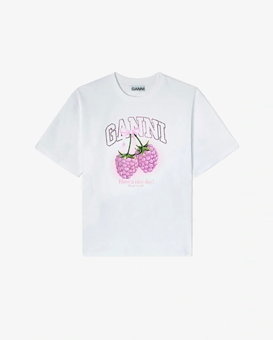Luźny, biały, bawełniany T-shirt Raspberry Print GANNI Bright White z okrągłym dekoltem i krótkim, szerokim rękawem. Z przodu posiada grafikę z malinami oraz logo GANNI. Wykonany z grubej bawełny organicznej. Idealny z jeansami lub spódnicą.
-Luźny krój
-100% bawełna organiczna
-Zamów w swoim standardowym rozmiarze