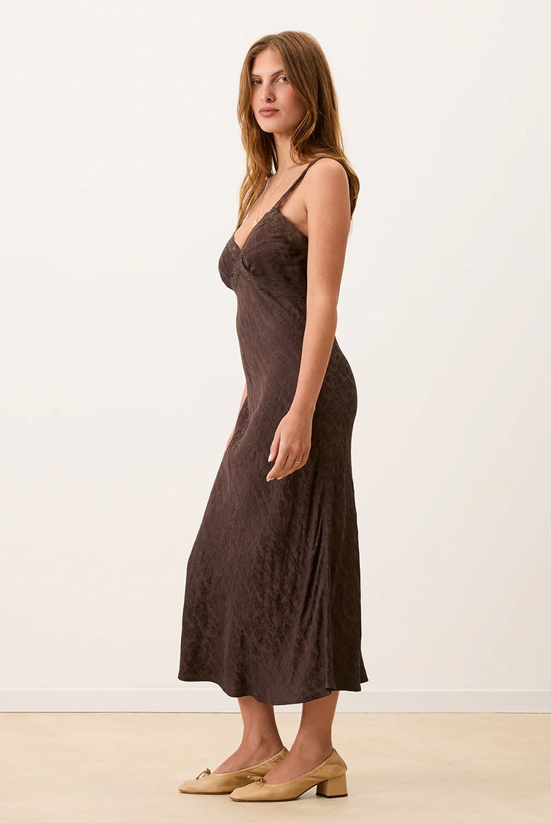 Zwiewna, brązowa sukienka maxi Jenna Jacquard Café z koronkowymi zdobieniami. Ma dekolt w serek oraz ramiączka ozdobione kwiecistą koronką. Długość sięga do połowy łydki. Wykonana z wiskozy. To model idealny na wiosenno-letnie dni. Połącz sukienkę z balerinami lub sandałkami na obcasie.
-Koronkowe zdobienia
-100% wiskoza
-Wybierz sukienkę w swoim standardowym rozmiarze