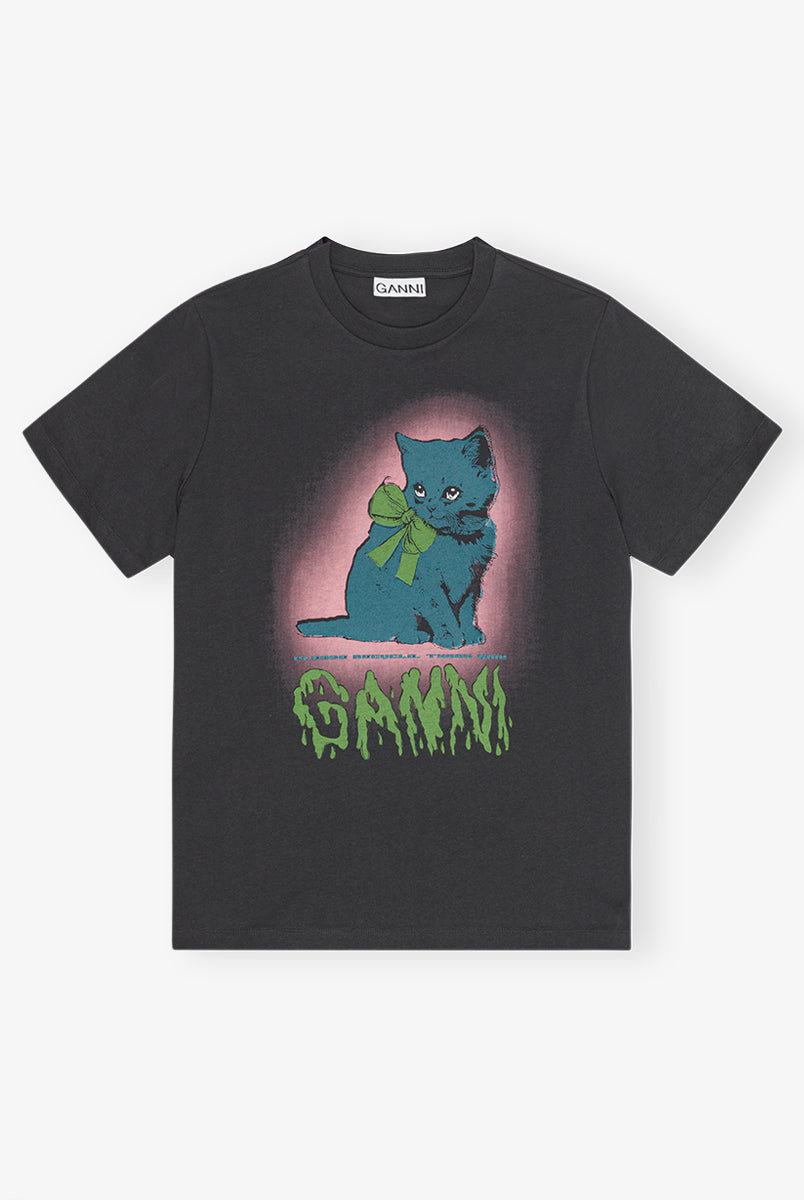 Luźny, bawełniany, ciemnoszary t-shirt 4340 BASIC COTTON JERSEY NEON KITTY GANNI z okrągłym dekoltem i krótkim, szerokim rękawem. Z przodu posiada grafikę z uroczym kotem oraz logo GANNI. Wykonany z miękkiej bawełny organicznej. Idealny z jeansami lub spódnicą.