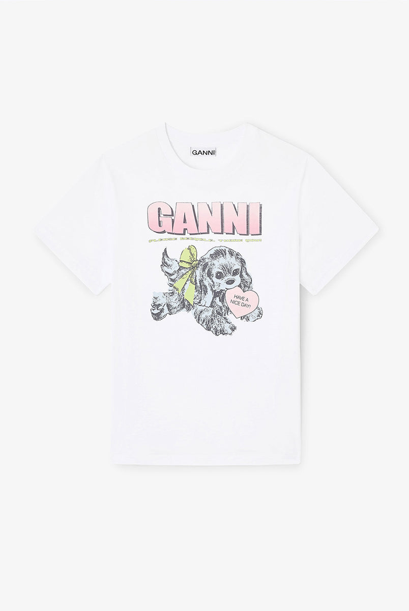 Luźny, bawełniany, biały t-shirt 4334 BASIC COTTON JERSEY NEON PUPPY GANNI z okrągłym dekoltem i krótkim, szerokim rękawem. Z przodu posiada grafikę z uroczym pieskiem oraz logo GANNI. Wykonany z miękkiej bawełny organicznej. Idealny z jeansami lub spódnicą.