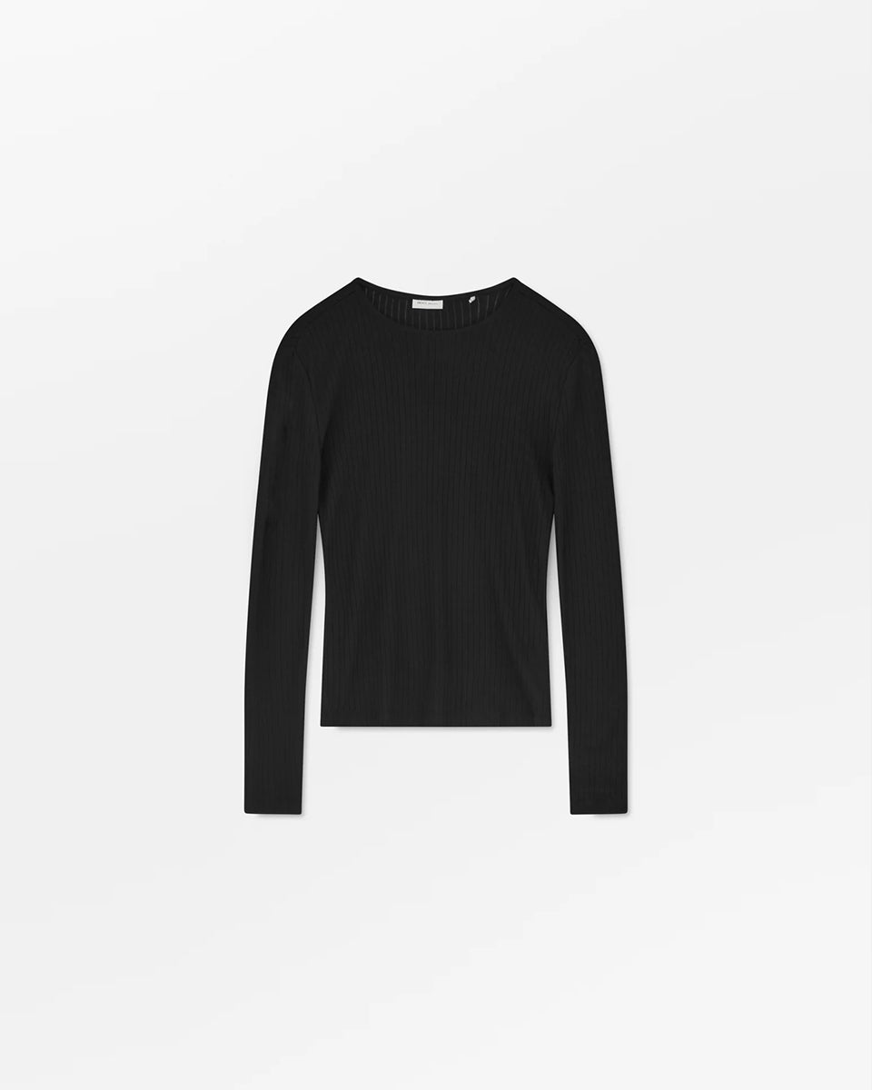 Cienki, czarny longsleeve o przylegającym fasonie Liv SKALL. Posiada okrągły dekolt i wąskie, długie rękawy. Wykonany z miękkiej, bawełnianej tkaniny z delikatnym, prążkowanym wzorem.
-Przylegający fason
-100% bawełna organiczna
-Zamów bluzkę w swoim normalnym rozmiarze
