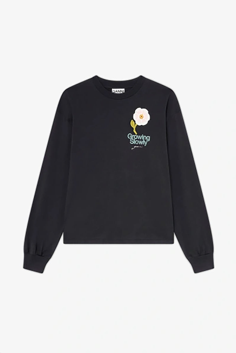 Oversizowy, ciemnoszary Longsleeve Crochet Patch GANNI Phantom z nadrukiem kwiatka i motywującym hasłem na lewej piersi. Koszulka ma okrągły dekolt i długie rękawy zakończone ściągaczami. Wykonana z bawełny organicznej.
-Luźny krój
-100% bawełna organiczna
-Zamów w swoim standardowym rozmiarze