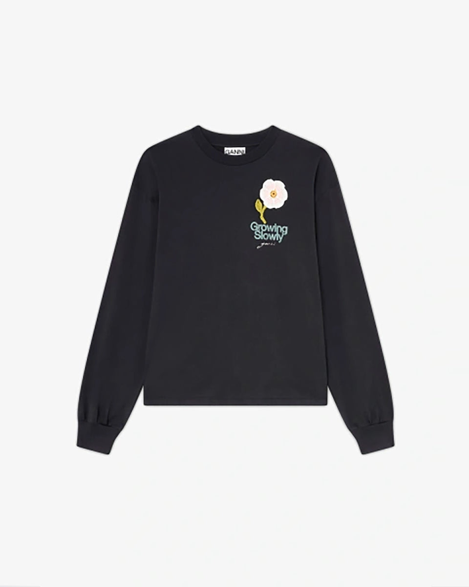 Oversizowy, ciemnoszary Longsleeve Crochet Patch GANNI Phantom z nadrukiem kwiatka i motywującym hasłem na lewej piersi. Koszulka ma okrągły dekolt i długie rękawy zakończone ściągaczami. Wykonana z bawełny organicznej.
-Luźny krój
-100% bawełna organiczna
-Zamów w swoim standardowym rozmiarze