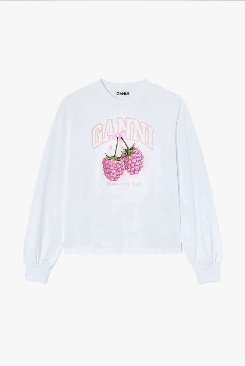 Oversizowy, biały Longsleeve Raspberry Print GANNI Bright White z nadrukiem z malinami I logo marki. Koszulka ma okrągły dekolt i długie rękawy zakończone ściągaczami. Wykonana z bawełny organicznej.
-Luźny krój
-100% bawełna organiczna
-Zamów w swoim standardowym rozmiarze