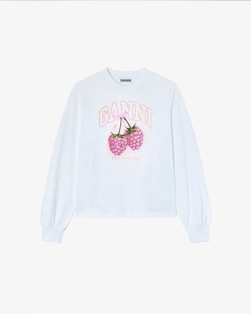 Oversizowy, biały Longsleeve Raspberry Print GANNI Bright White z nadrukiem z malinami I logo marki. Koszulka ma okrągły dekolt i długie rękawy zakończone ściągaczami. Wykonana z bawełny organicznej.
-Luźny krój
-100% bawełna organiczna
-Zamów w swoim standardowym rozmiarze