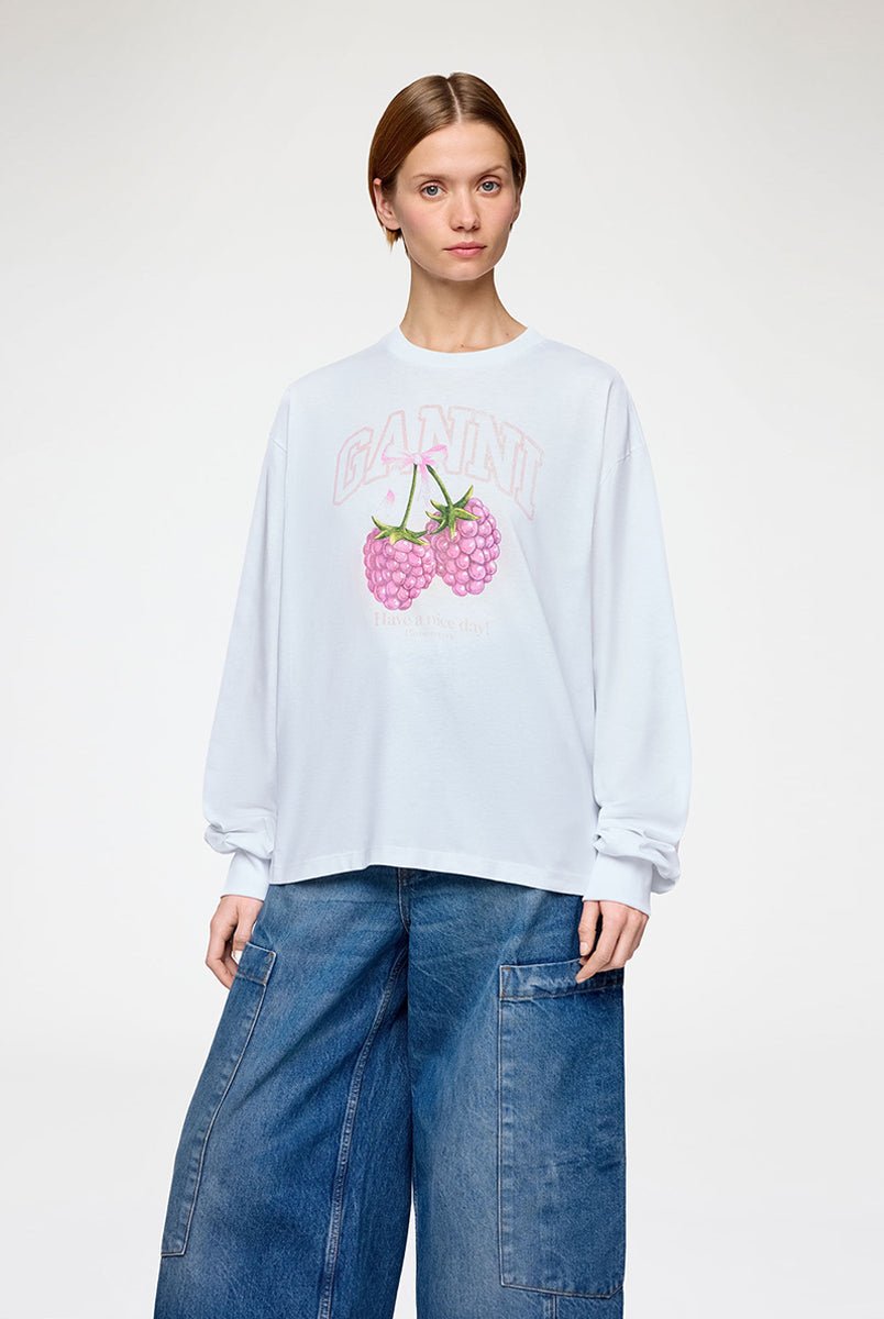 Oversizowy, biały Longsleeve Raspberry Print GANNI Bright White z nadrukiem z malinami I logo marki. Koszulka ma okrągły dekolt i długie rękawy zakończone ściągaczami. Wykonana z bawełny organicznej.
-Luźny krój
-100% bawełna organiczna
-Zamów w swoim standardowym rozmiarze