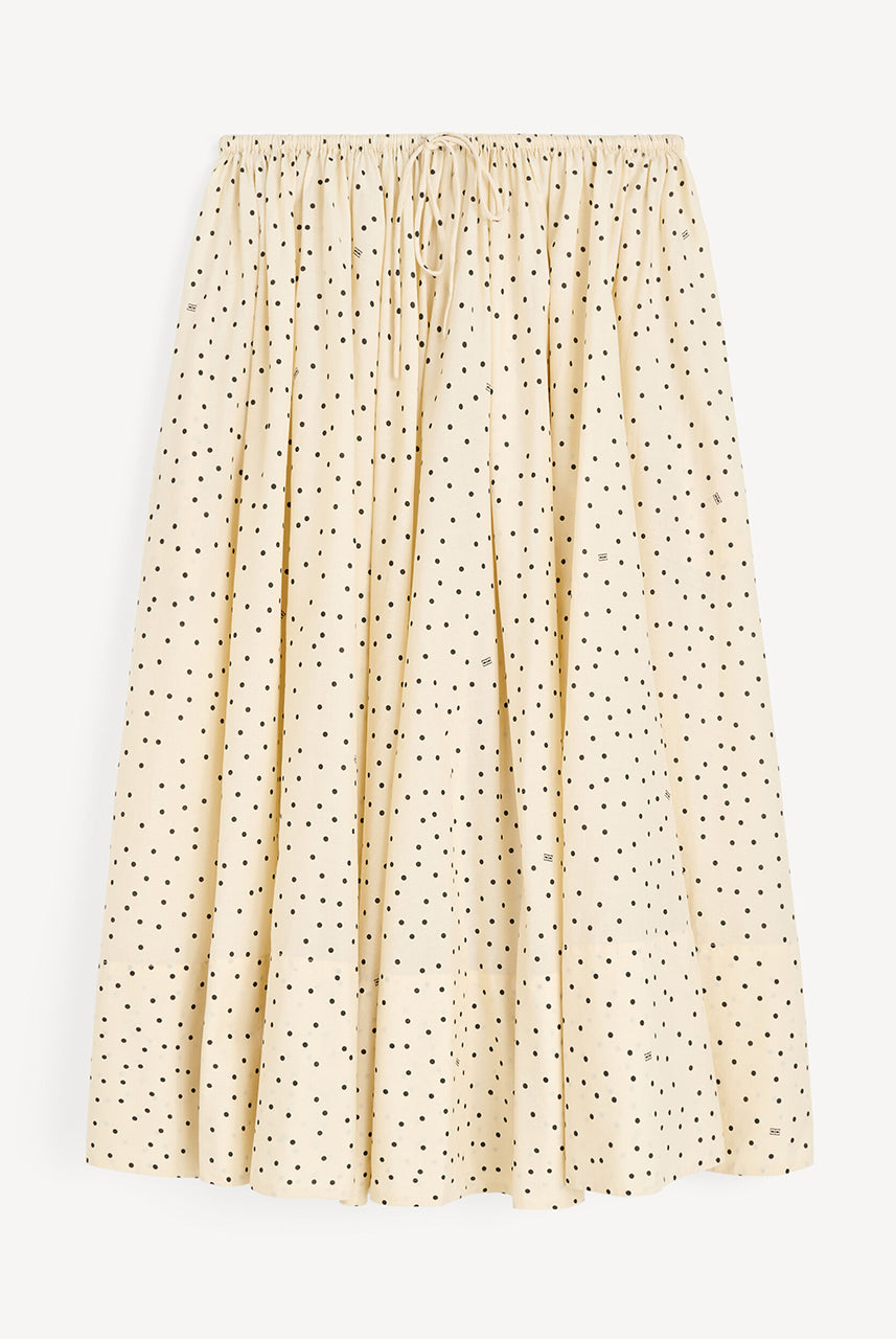 Luźna, obszerna spódnica Pheo Polka Dots By Malene Birger w kształcie litery A, w delikatny wzór w groszki. Posiada regulowaną, dopasowaną gumkę w talii. Ma długość przed kostkę. Wykonana z przewiewnej bawełny organicznej. Bez podszewki. Idealnie sprawdzi się na każdą okazję- do biura, na plażę i na wieczorne wyjście.
-Luźny fason
-Gumka w talii
-Zamów spódnicę w swoim standardowym rozmiarze.