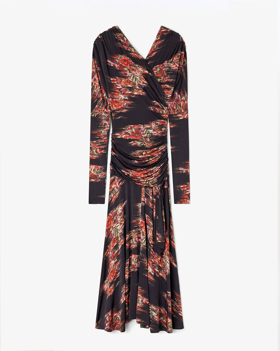 Czarna, maxi sukienka 4380 GANNI Floral Black w kwiatowy print. Sukienka ma asymetryczny dekolt i długie rękawy oraz ciekawe, drapowane marszczenia wzdłuż gorsetu. U dołu ma luźniejszy krój. 