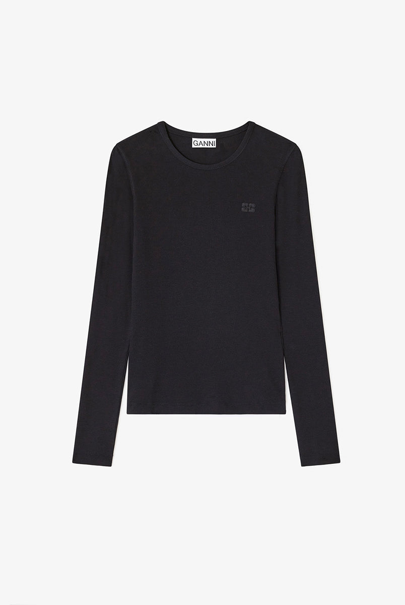 Dopasowany, czarny longsleeve 4313 Rib Black marki GANNI z okrągłym dekoltem i długimi rękawami. Na lewej piersi posiada wyhaftowane, małe logo marki. Wykonany z bawełny organicznej.
-Dopasowany krój
-Bawełna organiczna
-Zamów w swoim standardowym rozmiarze