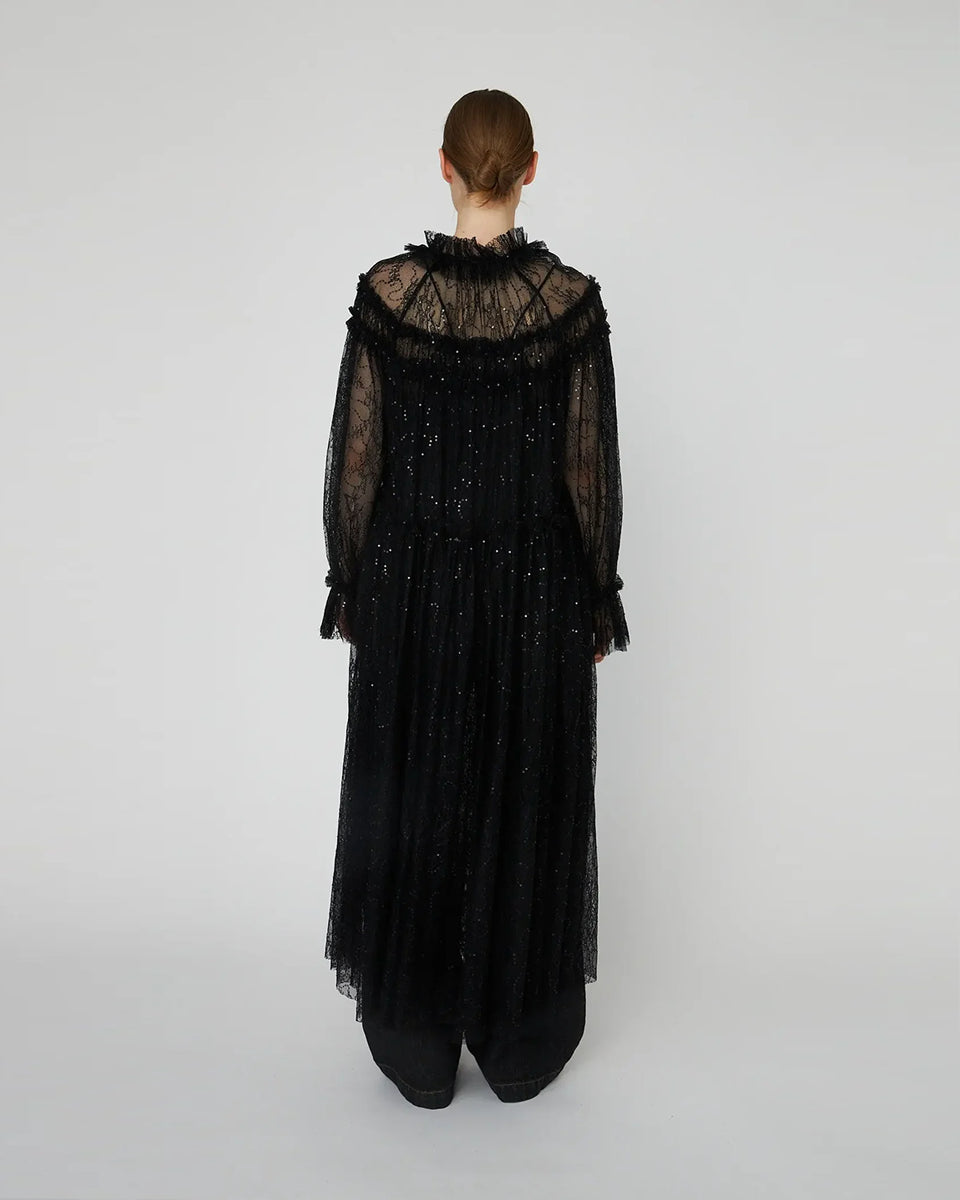 Długa, przezroczysta sukienka Sheer Lace Maxi z koronki z cekinami. Ma zabudowany, efektowny dekolt oraz długie rękawy. Z przodu, na długości ma zapięcia. Można ją nosić zapięta jako sukienkę, bądź rozpiętą jako pelerynę. Sukienka nie posiada podszewki. 