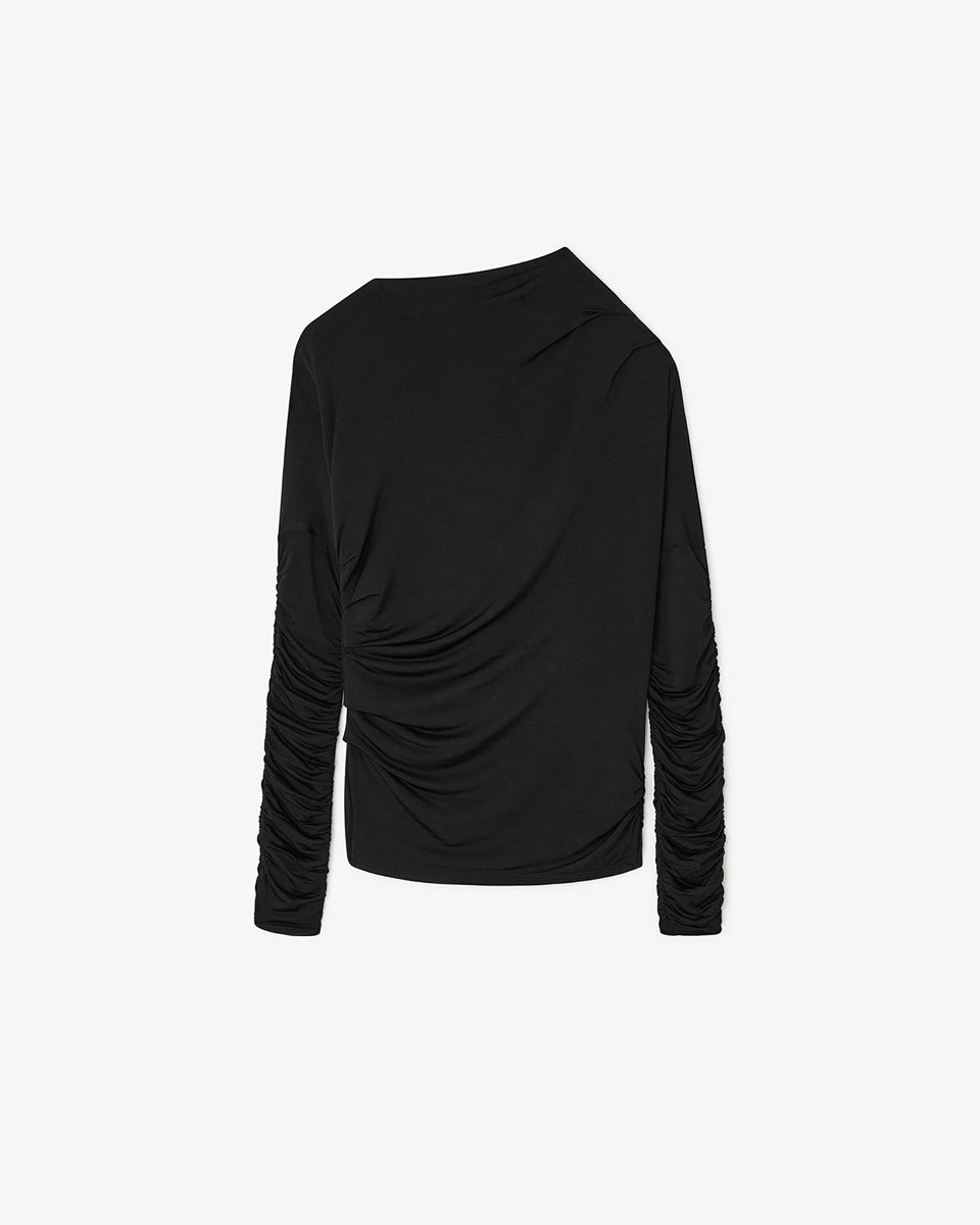 Czarny, taliowany top 4393 Shiny Jersey Black marki GANNI z asymetrycznym dekoltem i marszczeniami przy rękawach oraz na całej długości. Zestaw go z elegancką spódnicą lub jeansami, aby uzyskać bardziej codzienny look.