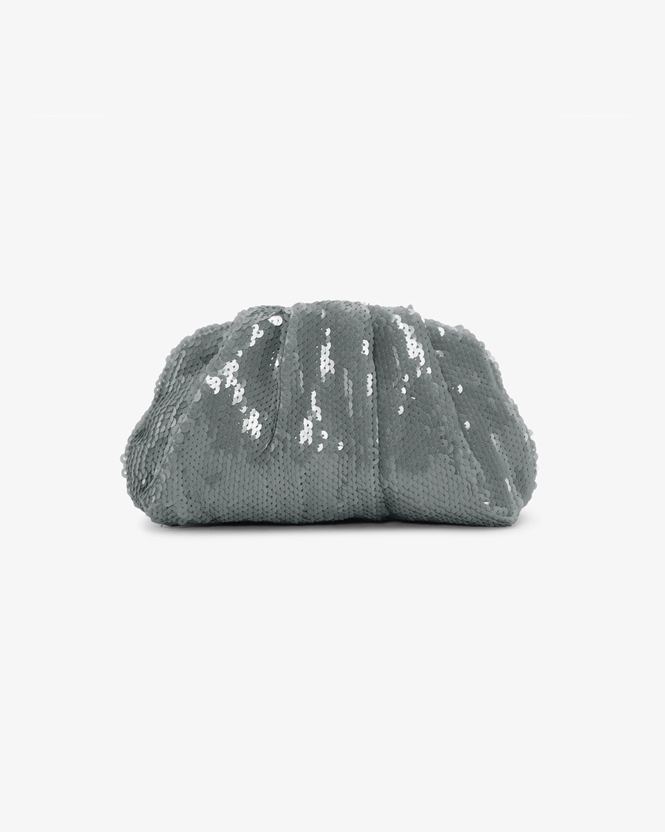 Torebka kopertówka Sequin Clutch Grey SUI AVA o miękkiej powierzchni pokrytej połyskującymi cekinami. Jej elastyczny kształt nadaje jej swobodny, a zarazem elegancki wygląd. To idealny dodatek do Twojej stylizacji. Pomieści niezbędne drobiazgi, takie jak telefon, klucze i szminkę. Noś ją w dłoni jak elegancką kopertówkę. 