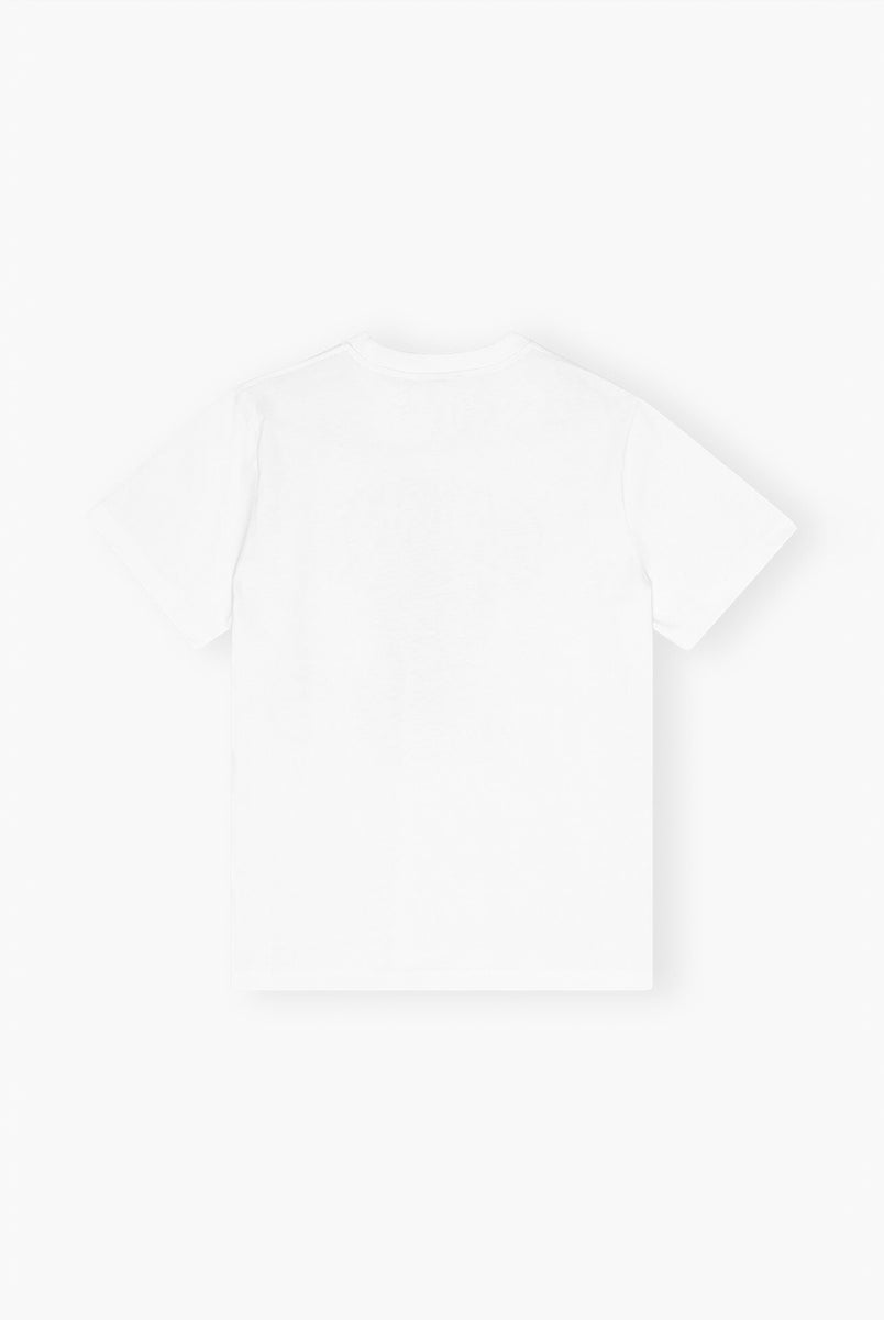 Luźny, bawełniany, biały t-shirt BASIC COTTON JERSEY Leopard GANNI z okrągłym dekoltem i krótkim, szerokim rękawem. Z przodu posiada uroczą grafikę oraz logo GANNI. Wykonany z miękkiej bawełny organicznej. Idealny z jeansami lub spódnicą.
-Luźny fason
-Miękka bawełna organiczna
-Zamów t-shirt w swoim standardowym rozmiarze. Jeśli chcesz, żeby był bardziej oversizowy - zamów go w większym rozmiarze.