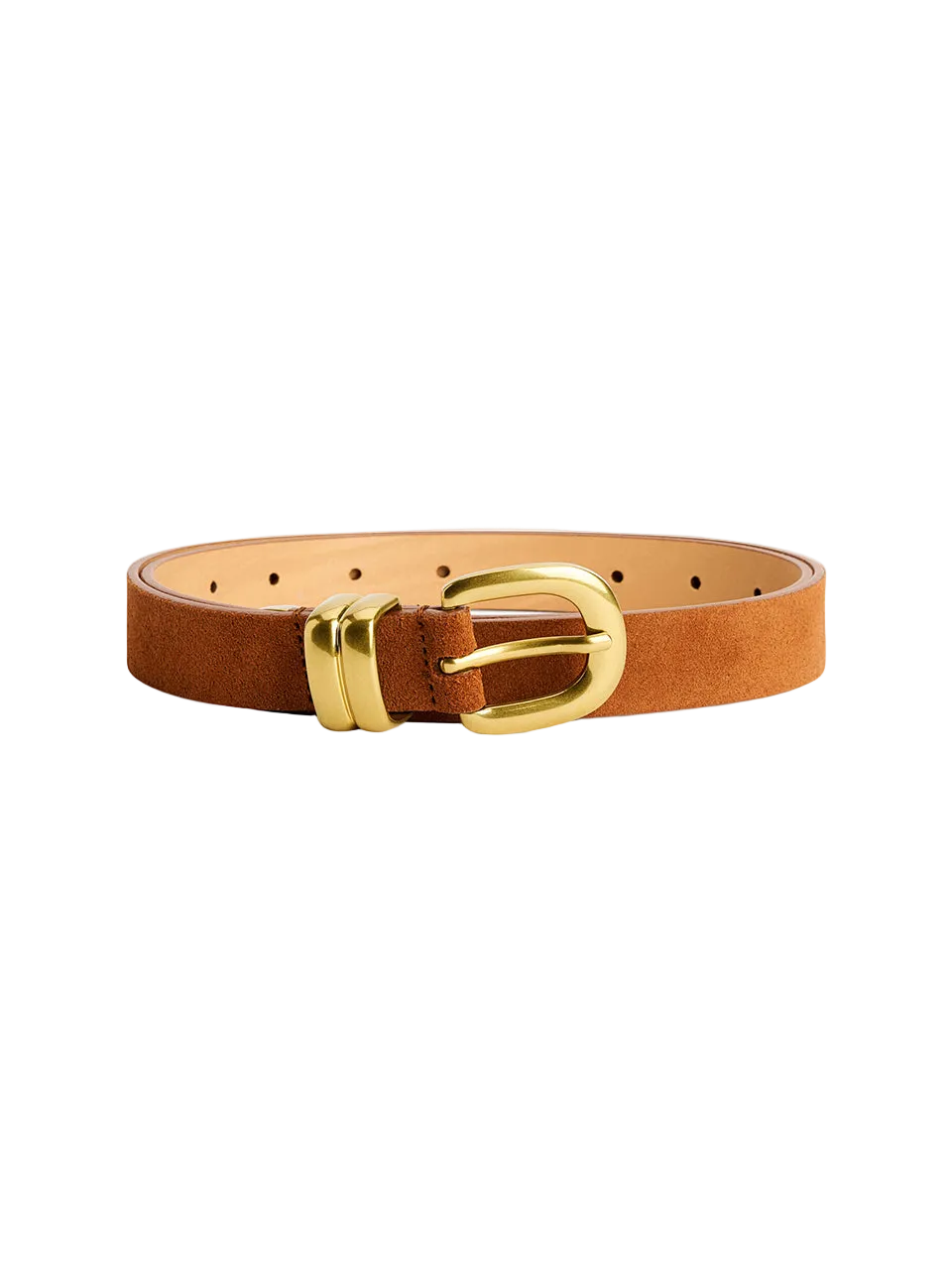 Zamszowy, cienki, klasyczny pasek Zoilo Suede Brown Patina By Malene Birger w brązowym kolorze. Posiada grubą, złotą sprzączkę. Idealny do sukienki i spodni stanem. 