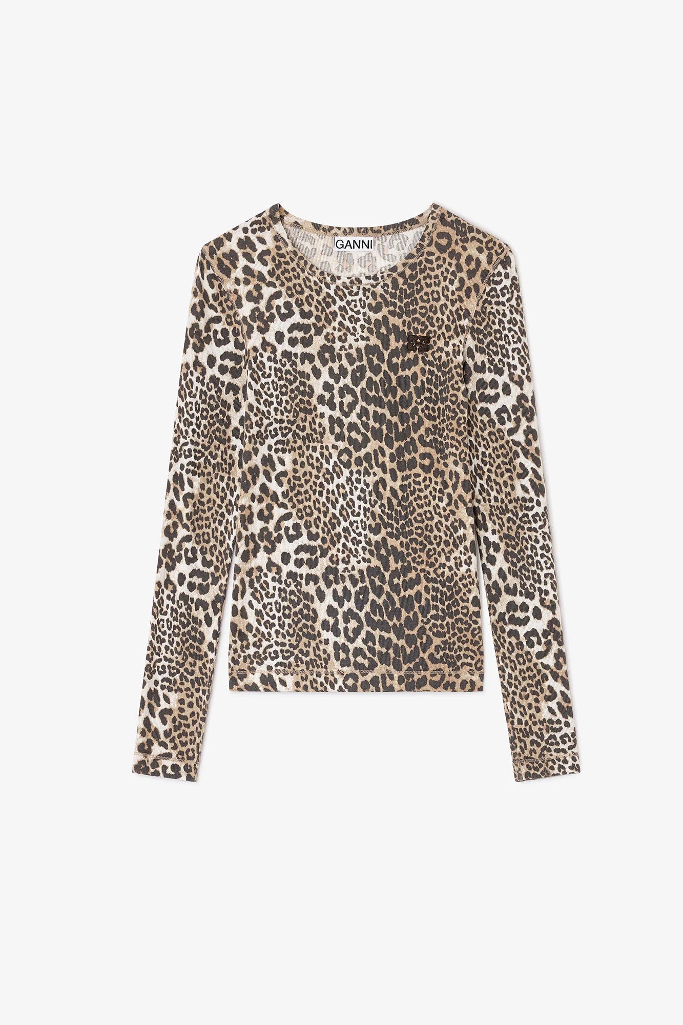 Klasyczny, dopasowany longsleeve Soft Cotton Rib Print Leopard marki GANNI w wyrazisty print w panterkę. Ma okrągły dekolt i długie, dopasowane rękawy. Na lewej piersi posiada subtelne logo marki. Wykonany z miękkiej tkaniny z bawełny organicznej i elastanu.

-Dopasowany krój

-Panterkowy print

-Zamów longsleeve w swoim standardowym rozmiarze