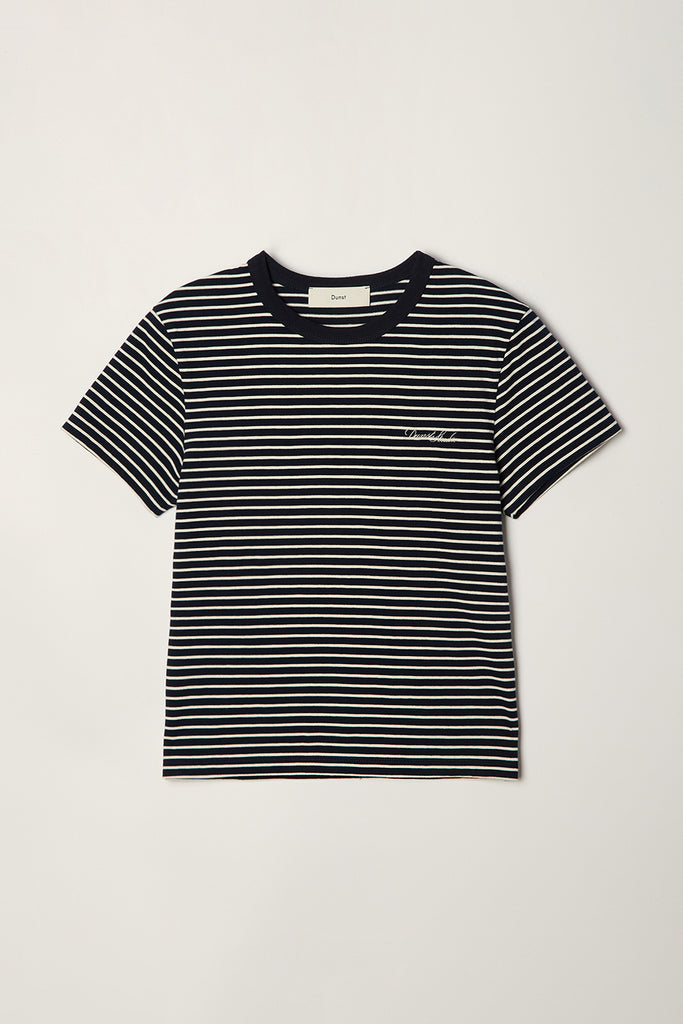 Granatowy, klasyczny t-shirt z krótkim rękawem w marynarskie paski Essential Stripe Logo T-shirt Dunst