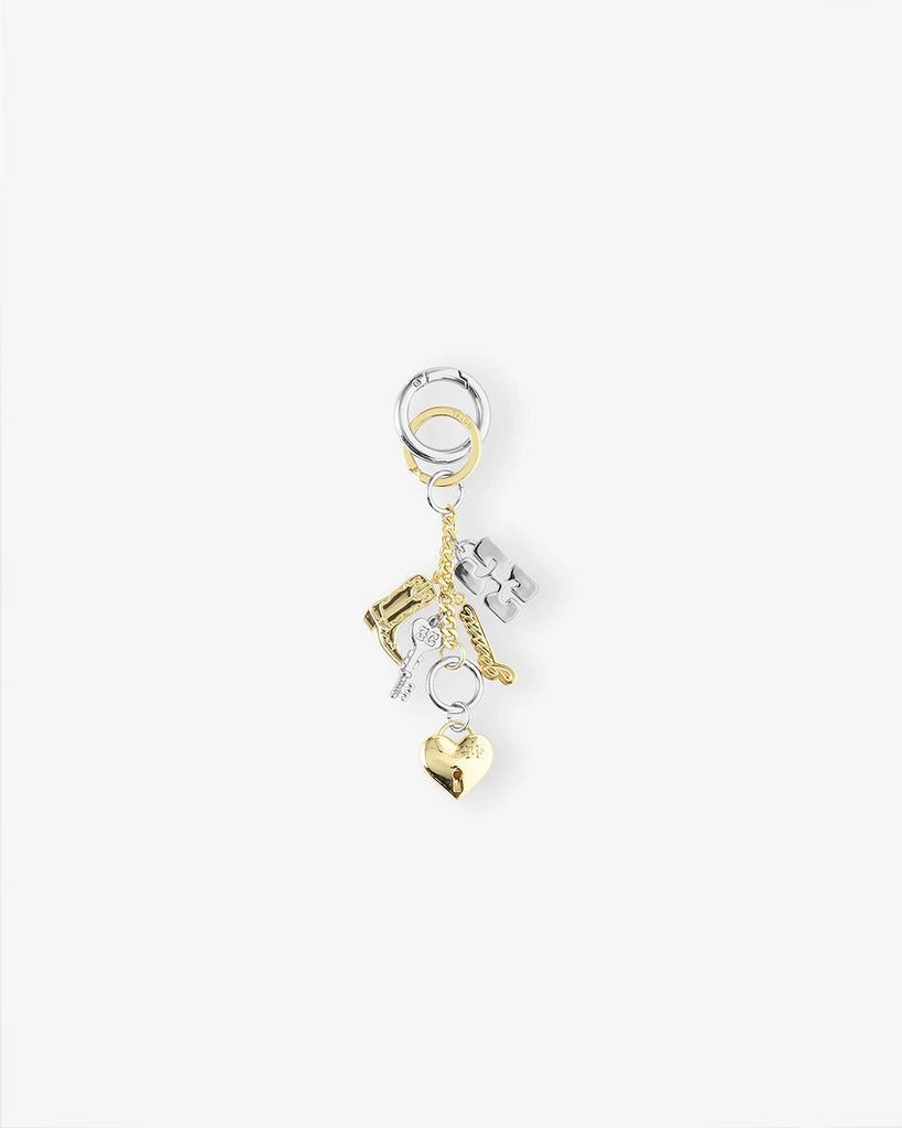 Brelok 6616 GANNI Silver and gold z zawieszkami z logo marki, kłódką w kształcie serca z kluczykiem oraz butem.