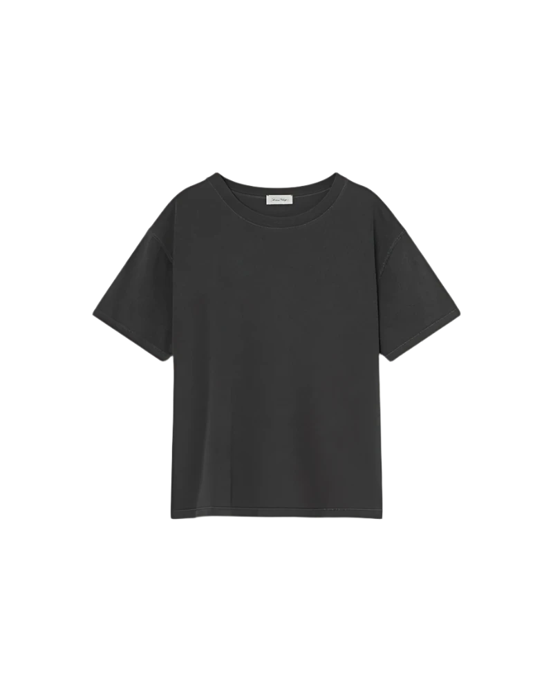 Luźny, prosty, grafitowy t-shirt FIZVALLEY American Vintage z krótkim rękawem i okrągłym dekoltem. Wykonany z grubej bawełny.