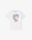 Luźny, bawełniany, biały t-shirt BASIC COTTON JERSEY Strawberry GANNI z okrągłym dekoltem i krótkim, szerokim rękawem. Z przodu posiada grafikę z truskawkami oraz logo GANNI. Wykonany z miękkiej bawełny organicznej. Idealny z jeansami lub spódnicą.

-Luźny fason

-Miękka bawełna organiczna&nbsp;

-Zamów t-shirt w swoim standardowym rozmiarze. Jeśli chcesz, żeby był bardziej oversizowy - zamów go w większym rozmiarze.