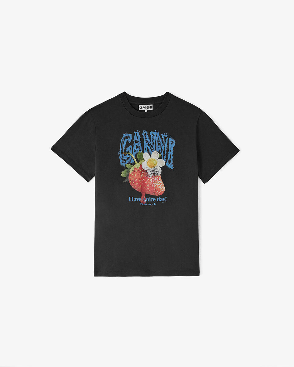Luźny, bawełniany, ciemnoszary t-shirt BASIC COTTON JERSEY Strawberry GANNI z okrągłym dekoltem i krótkim, szerokim rękawem. Z przodu posiada grafikę z truskawkami oraz logo GANNI. Wykonany z miękkiej bawełny organicznej. Idealny z jeansami lub spódnicą.

-Luźny fason

-Miękka bawełna organiczna&nbsp;

-Zamów t-shirt w swoim standardowym rozmiarze. Jeśli chcesz, żeby był bardziej oversizowy - zamów go w większym rozmiarze.