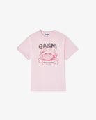 Luźny, bawełniany, różowy t-shirt BASIC COTTON JERSEY Chalk Pink GANNI z okrągłym dekoltem i krótkim, szerokim rękawem. Z przodu posiada grafikę z krabem, która wykończona jest transparentnymi koralikami oraz logo GANNI. Wykonany z miękkiej bawełny organicznej. Idealny z jeansami lub spódnicą.

-Luźny fason

-Miękka bawełna organiczna&nbsp;

-Zamów t-shirt w swoim standardowym rozmiarze. Jeśli chcesz, żeby był bardziej oversizowy - zamów go w większym rozmiarze.