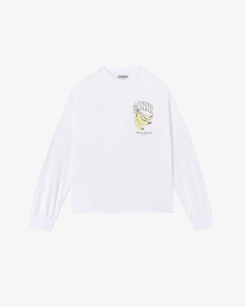 Oversizowy, biały Longsleeve Banana Print GANNI Bright White z nadrukiem banana i logo marki na lewej piersi. Koszulka ma okrągły dekolt i długie rękawy zakończone ściągaczami. Wykonana z bawełny organicznej.

-Luźny krój

-100% bawełna organiczna

-Zamów w swoim standardowym rozmiarze