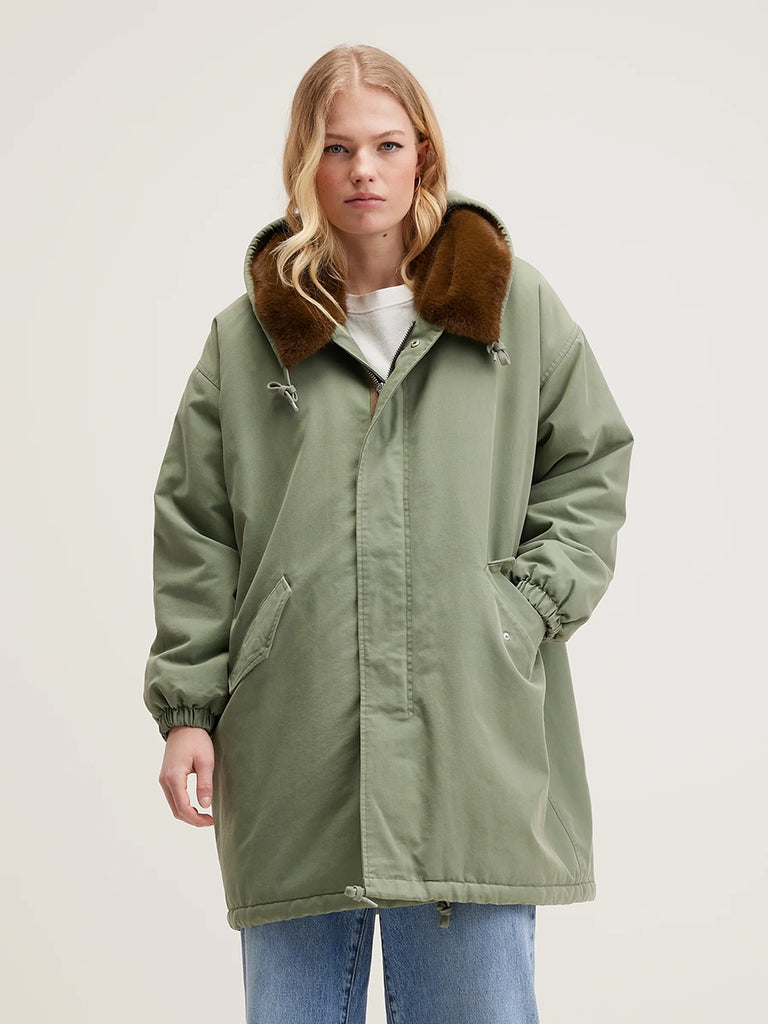 Oversizowa, długa kurtka parka Laos Bellerose w kolorze khaki o prostym fasonie