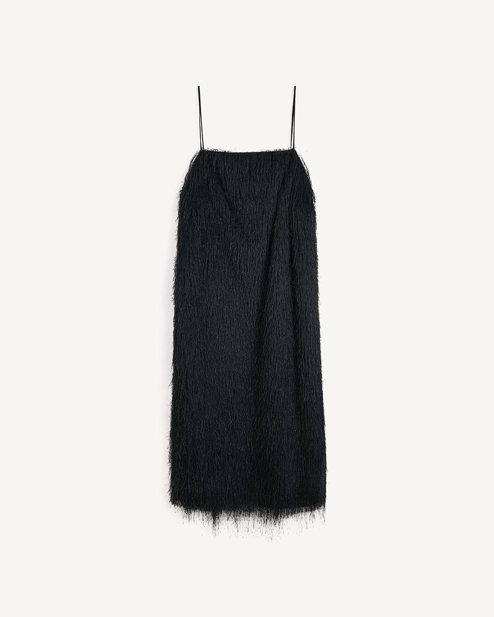 Wieczorowa sukienka mini Ledo By Malene Birger na cienkich, regulowanych ramiączkach wiązanych na plecach. Sukienka ma prosty dekolt i luźny fason. Wykonana z tkaniny z długim włosiem