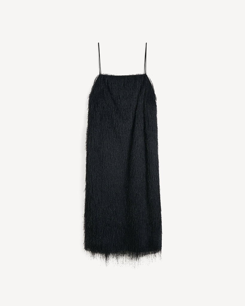 Wieczorowa sukienka mini Ledo By Malene Birger na cienkich, regulowanych ramiączkach wiązanych na plecach. Sukienka ma prosty dekolt i luźny fason. Wykonana z tkaniny z długim włosiem